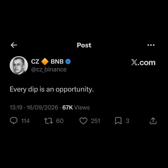 A screenshot of a tweet from CZ (CZ ♦ BNB) @cz_binance reading 'Every dip is an opportunity.' posted on 16/09/2026.
