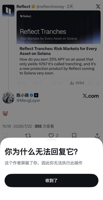 A X (Twitter) screenshot showing a post by @reflectmoney about 'Reflect Tranches: Risk Markets for Every Asset on Solana', with a Chinese-language popup at the bottom saying '你为什么无法回复它？' (Why can't you reply to it?) indicating the author has blocked the user.