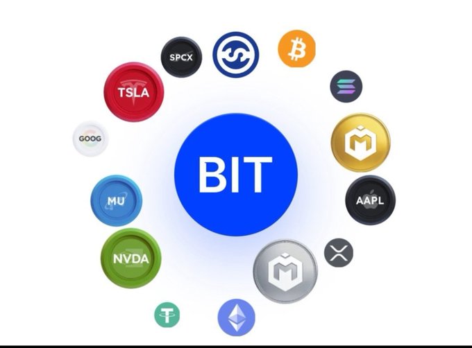 A promotional graphic featuring a central blue 'BIT' logo surrounded by circular icons representing various cryptocurrencies and stocks including TSLA, SPCX, Bitcoin, GOOG, SOL, MU, NVDA, AAPL, XRP, and others.