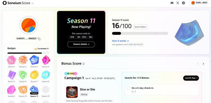 The image features a screenshot of the Sonem Score app for the game "Soneium", which has an open screen with various elements such as a scorecard displaying information about gameplay progress. There are also some additional symbols, characters, and numbers in different colors on the screens. The post in question seems to be related to this game, as it encourages players not to give up at the end of Soneium, suggesting that they have completed all the required stages or achieved a high score.