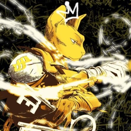 A digital illustration of a yellow reptilian character in a fighting stance surrounded by white energy streaks, with a small crown symbol above its head.