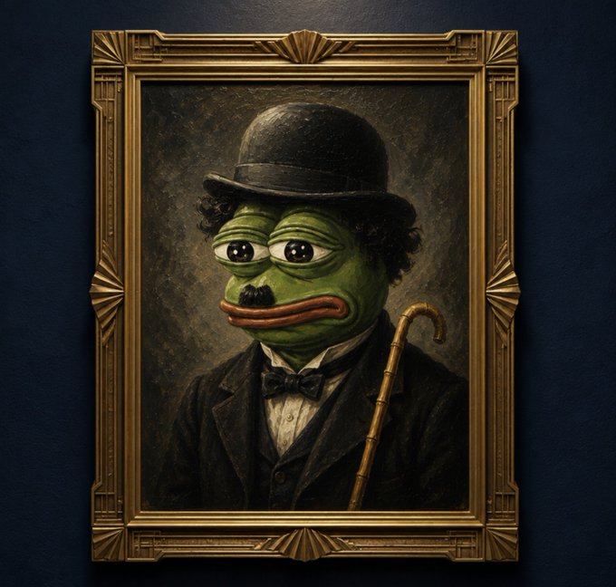 urn of gold and black, framed by a gold border, displays a portrait of a frog with a bowler hat and cane, set against a dark blue background.
