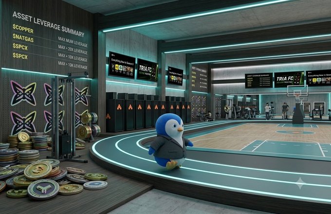 A cartoon penguin in a suit stands on a glowing track in a futuristic sports facility branded with "TRIA FC" signage, with a wall displaying "ASSET LEVERAGE SUMMARY" listing tickers like $COPPER, $NATGAS, $SPCX, and $SSPCX with maximum leverage values ranging from 10K to 200K, alongside stacks of gold coins. The image playfully illustrates the "deeper" features of TRIA and Canopy Network—highlighting asset leverage and the infrastructure enabling sovereign L1 launches—that the post argues are overlooked in favor of surface-level news like funding rounds and AI buzzwords.