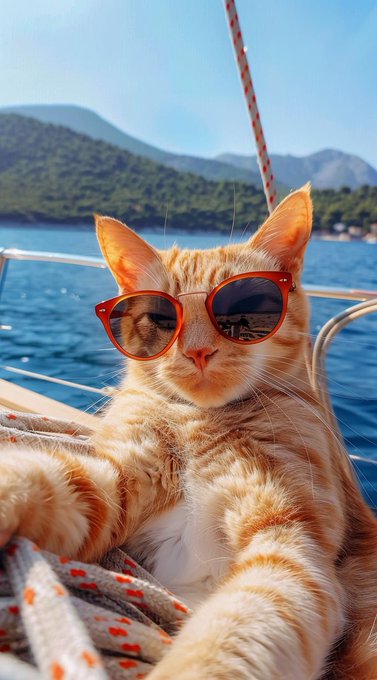 An orange tabby cat wearing red sunglasses relaxes on a boat with scenic blue water and mountains in the background.
