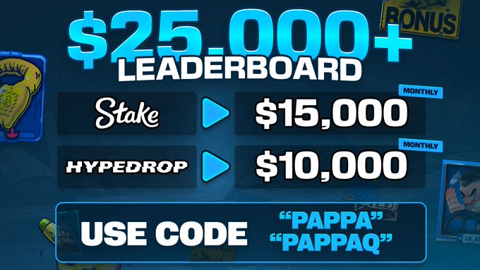 A $25,000+ leaderboard promotional graphic featuring $15,000 monthly on Stake and $10,000 monthly on HypeDrop, with the exclusive codes "PAPPA" and "PAPPAQ" displayed at the bottom.