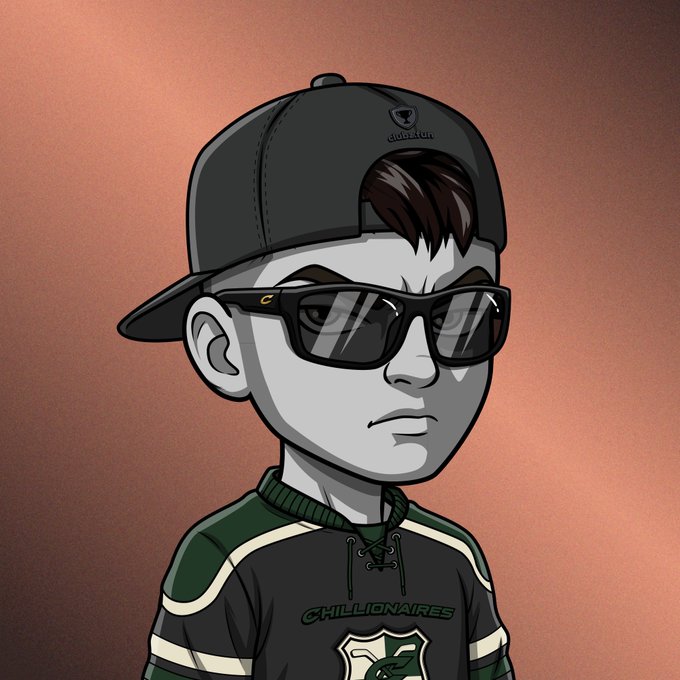 A digital illustration of a stylized cartoon character with grey skin, wearing a black backwards cap, dark sunglasses, and a dark green and black jersey with "CHILLIONAIRES" written on it.