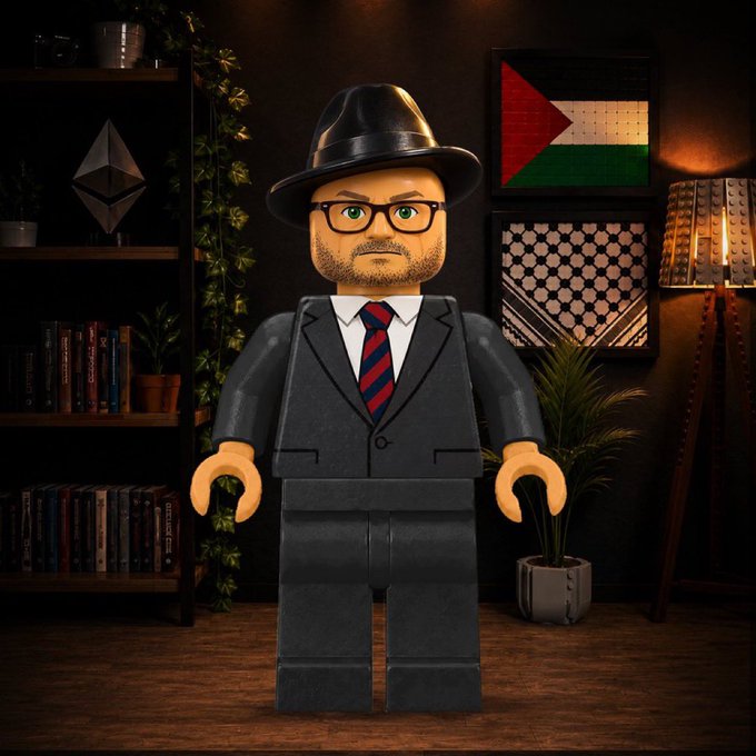 A LEGO minifigure dressed in a black suit, fedora, and glasses stands in a stylish room featuring a Palestinian flag and an Ethereum logo on the wall, alongside a bookshelf and warm lamp. The image appears to represent a crypto/NFT project giveaway announcement, tying the sophisticated "spy-like" figure to the secure distribution of 75 guaranteed (GTD) free mint spots for @LRFproject.