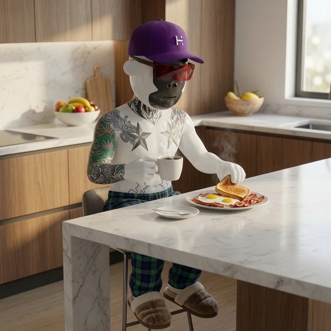A 3D-rendered anthropomorphic gorilla with tattoos, wearing a purple cap and sunglasses, sits in a modern kitchen enjoying breakfast of eggs, bacon, and toast while holding a cup of coffee.