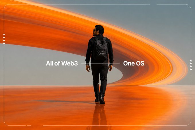 This image features an orange background with the words "All of Web 3" written across the center of the frame. At the bottom, there are two blurred men walking along a path painted in bright orange colors against a white background. One man appears to be wearing a backpack as they walk together. The post suggests that this is related to a Nucleus plan or similar online activity, possibly focusing on the comparison between a day-to-day situation and the broader context of building toward $120K sleepagotchi currency over time.