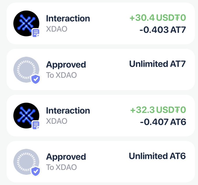 A crypto transaction history screenshot showing XDAO interactions where the user spent ~0.403 AT7 and ~0.407 AT6 in exchange for approximately $30.4 and $32.3 USD₮0 respectively, with unlimited token approvals granted to XDAO. The image illustrates the user's forgotten two-year-old airdrop farming deposits that yielded only minimal profit.