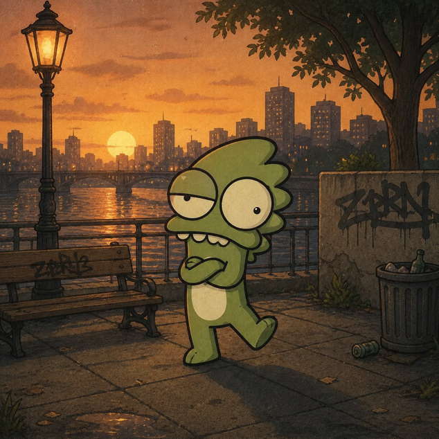 The image features a cartoon character, likely a green monster or lizard, standing alone on a sidewalk near a park bench at night. The character appears to be looking off into the distance with an expression of confusion or curiosity. In the background, there are buildings that seem to be in ruins, suggesting that the city is experiencing some sort of crisis or conflict. 

The post about ZORB and Solana seems to be related to this scene, as it mentions a character named ZORB who has been exposed by his copy camera. The image could be interpreted as an artistic representation of the character's confusion or curiosity in response to being exposed. Additionally, there is graffiti on the buildings, which might symbolize the chaos and conflict within the city.