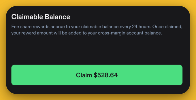 A UI panel titled 'Claimable Balance' describes fee share rewards and displays a green button to 'Claim $528.64' on a yellow background.