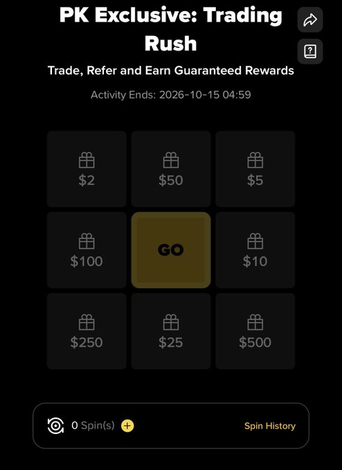The image shows a "PK Exclusive: Trading Rush" promotional screen on Binance, featuring a 3x3 grid of mystery gift boxes labeled with various dollar amounts ($2, $50, $5, $100, $250, $25, $500, $10) with a yellow "GO" button in the center, and a spinner at the bottom showing "0 Spin(s)." The activity ends on 2026-10-15 04:59. The image relates to the post by depicting the spin wheel interface that users can access after completing missions in this Pakistan-exclusive Binance Trading Rush campaign.