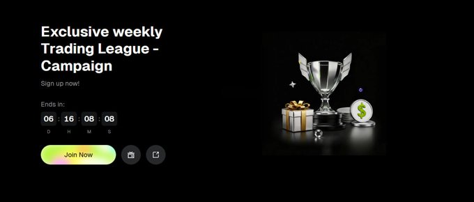 The image shows a promotional banner for Bitunix's "Exclusive weekly Trading League - Campaign" with a "Join Now" button, a countdown timer displaying 6 days, 16 hours, 8 minutes, and 8 seconds remaining, alongside a visual of a trophy, gift box, and dollar sign coin. It aligns with the post announcing a trading competition running from August 10-16 with rewards events.