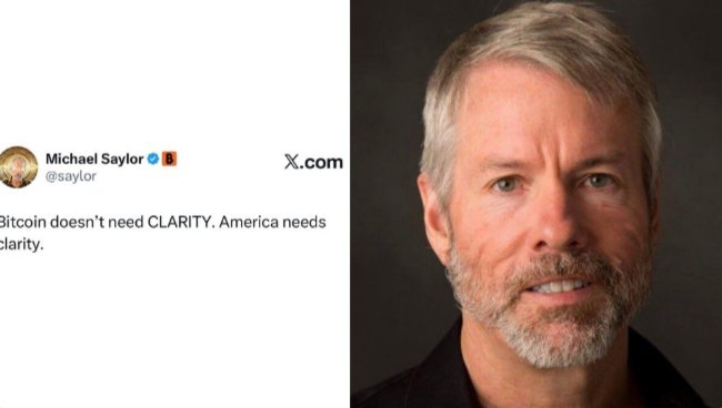 A split image showing Michael Saylor (@saylor) on the right and his tweet on the left stating "Bitcoin doesn't need CLARITY. America needs clarity." The image directly illustrates the post's message, highlighting Saylor's argument that while Bitcoin can function independently, U.S. businesses and investors require regulatory clarity from the CLARITY Act to proceed confidently.