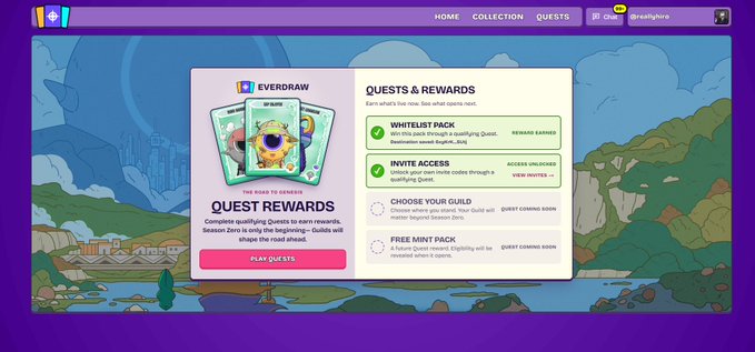 A screenshot of a 'Quests & Rewards' interface titled 'EVERDRAW,' showing completed quests like 'Whitelist Pack' earned and 'Invite Access,' with upcoming quests for 'Choose Your Guild' and 'Free Mint Pack.'