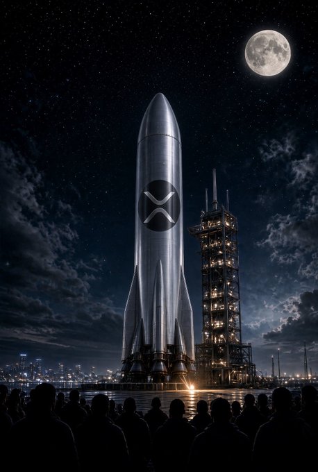 A massive SpaceX-style rocket emblazoned with the XRP logo stands ready for launch on a lunar-lit pad, as a silhouetted crowd watches its engines ignite. The imagery mirrors the post's hype of $XRPN preparing to "liftoff" into Wall Street, with DTCC, IMF, and South Korea serving as the global countdown to takeoff.
