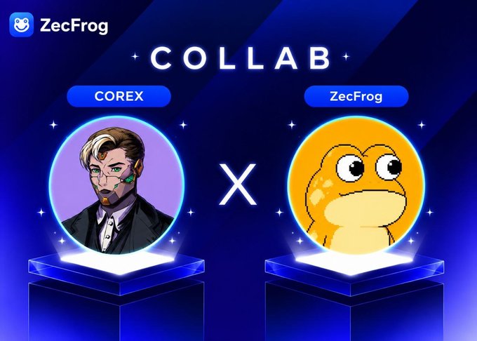 A 'COLLAB' announcement graphic between 'COREX' (featuring a stylized character) and 'ZecFrog' (featuring a cartoon frog) on a blue background with glowing pedestals.