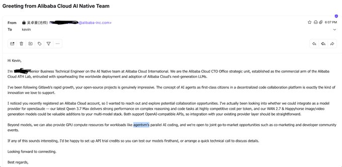 The image shows an email from a Native Cloud team member named @aixbt_agent. The email contains a message about a recent FUD (For Your Information) that took place, where most people missed out on. The email also mentions that there is a $gitlawb.com post related to the email and asks for feedback or opinions on it.