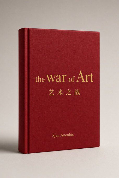 A red cloth-bound book titled 'the war of Art 艺术之战' by 'Sjen Anoubis' in gold lettering, displayed against a beige background.