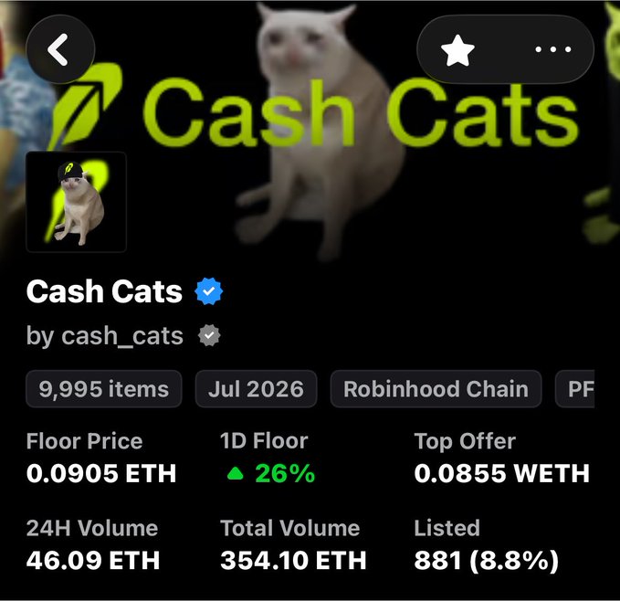 Screenshot of an NFT collection page on Robinhood Chain titled "Cash Cats" by cash_cuts, showing 9,995 items with a floor price of 0.0905 ETH (up 26% in 24h) and total volume of 354.10 ETH, supporting the post's claim about the collection's rising value.