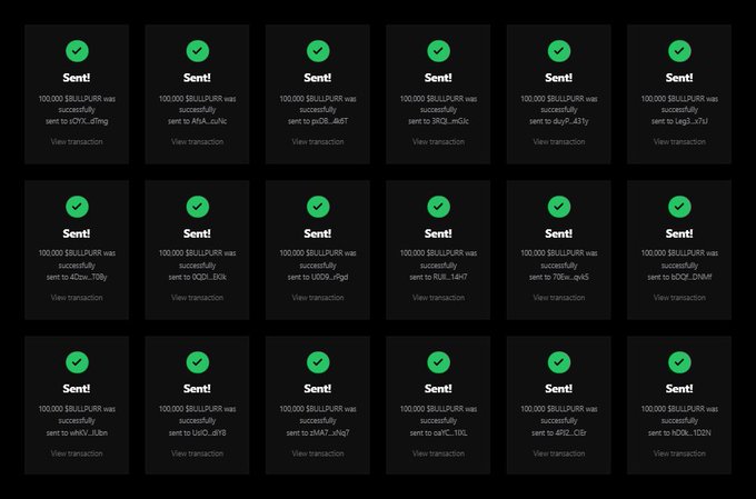 A grid of 18 completed “Sent” transactions shows 1,000 $BULLPURR successfully sent to various SOL addresses. It illustrates airdrop-style distribution to the first 777 wallets participating in the BULLPURR presale campaign.