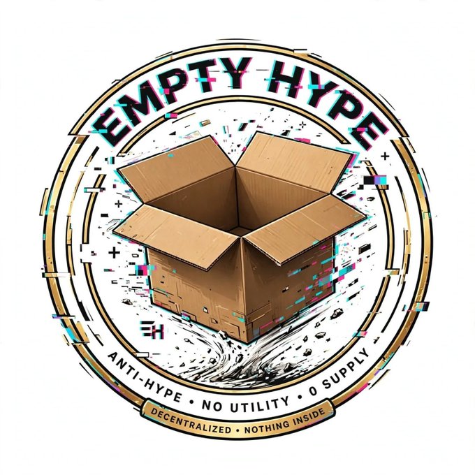 A circular digital badge labeled 'EMPTY HYPE' featuring an open cardboard box with glitch art effects, tagged with 'ANTI-HYPE • NO UTILITY • 0 SUPPLY' and 'DECENTRALIZED • NOTHING INSIDE'.