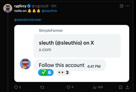 The image shows a tweet from @ryglizzy tagged "notis on @sleuthio," displaying a notification that user "SimpleFarmer" with profile picture followed the account "sleuth (@sleuthio) on X" at 4:41 PM, receiving 6 confirmations and 3 reactions. This relates to the accompanying post noting that a GVC team member has followed @sleuthio, suggesting early interest or insider activity.