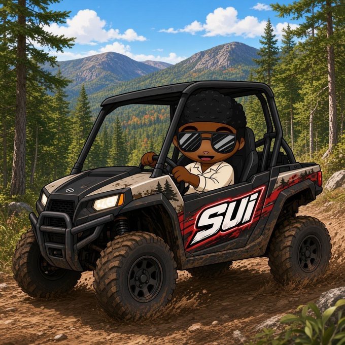 An illustrated image of a chibi-style character wearing sunglasses driving a UTV/ATV vehicle branded with the 'SUI' logo through a mountainous forest landscape.