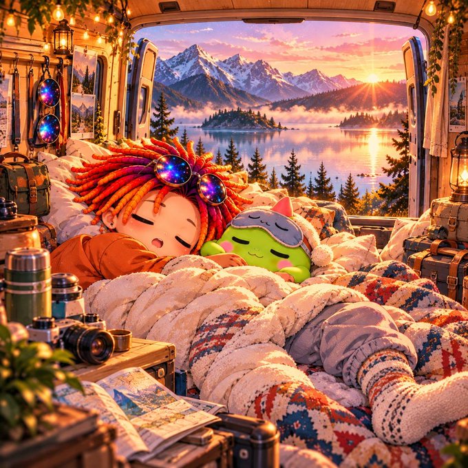A stylized digital illustration shows a character with red dreadlocks and a small green companion cuddled under cozy blankets in a camper, gazing out at a scenic sunset over mountains and a lake.