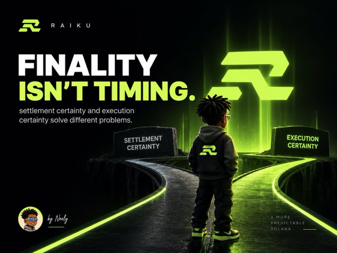 A promotional graphic for Raiku stating 'FINALITY ISN'T TIMING' about settlement and execution certainty, featuring an illustrated figure standing between two glowing paths labeled 'SETTLEMENT CERTAINTY' and 'EXECUTION CERTAINTY' on a dark green background.