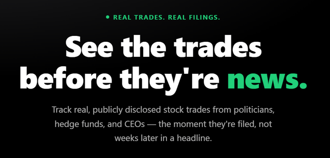 A black promotional graphic with bold white and green text reading "REAL TRADES. REAL FILINGS." above the headline "See the trades before they're news," followed by smaller text explaining it tracks publicly disclosed stock trades from politicians, hedge funds, and CEOs the moment they're filed. The image serves as a header for the Insider Tracker app's announcement of expanding its smart-money tracking service to the Robinhood Chain for crypto wallet tracking.