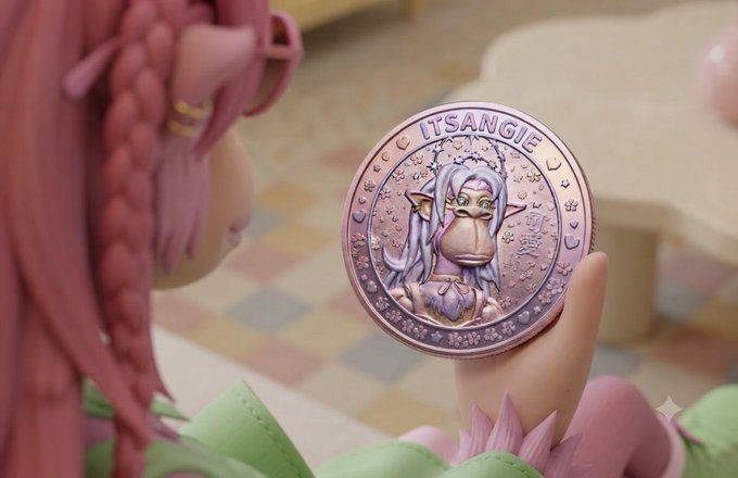 A 3D-rendered image of a pink-haired character holding up a commemorative coin featuring an elf-like female character with the text 'ITSANGIE' inscribed on it.