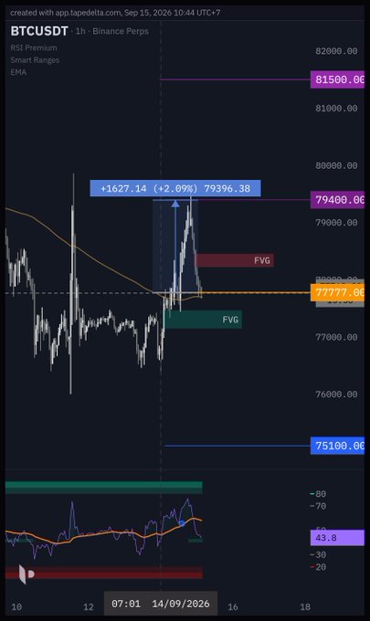 A cryptocurrency trading chart for BTCUSDT on Binance Perps showing a +2.09% gain with various technical indicators like RSI Premium, EMA, and FVG levels.