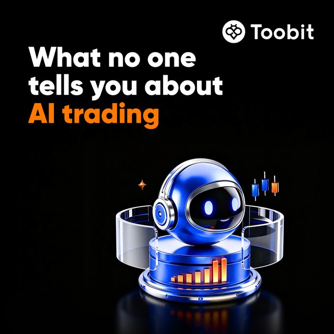 A Toobit promotional graphic reading 'What no one tells you about AI trading' featuring a blue robot character surrounded by candlestick charts.