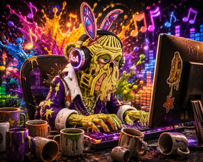A colorful digital artwork shows a green zombie-like creature wearing bunny ears and headphones, intensely typing on a keyboard with paint-splattered coffee mugs scattered around, set against a vibrant background of music notes and neon splashes.