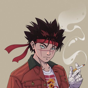 An anime-style illustration of a young man with spiky dark hair and a red bandana, wearing a red jacket and holding a cigarette, with smoke curling upward.