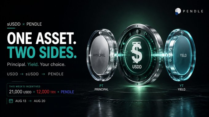 A promotional banner for sUSDD × PENDLE titled 'ONE ASSET. TWO SIDES.' featuring two metallic discs labeled 'PT PRINCIPAL' and 'YT YIELD' with a central USDD coin, advertising weekly incentives of 21,000 USDD + 12,000 TRX + PENDLE from Aug 13-20.