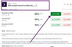 A webpage displaying results for a search for 'JUMP', showing dates in 2026 with high percentage values (88%, 99%) and highlighted text 'Will Jumper launch a token by...?'
