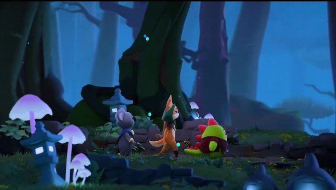 A 3D-rendered fantasy scene at night shows a fox-like creature and a small, round creature with a red hood standing among glowing blue mushrooms and stone lanterns in a misty forest.