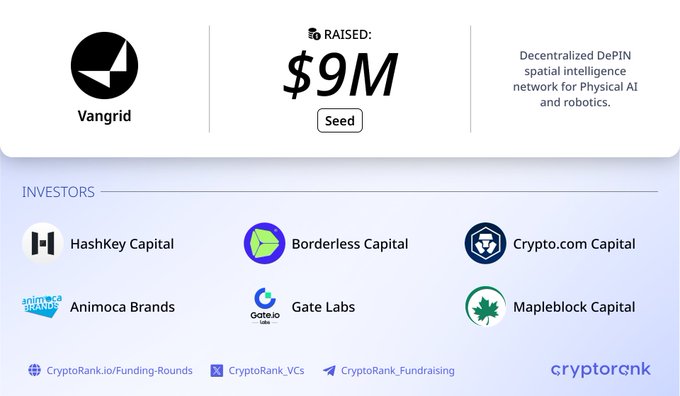 CryptoRank infographic showing Vangrid raised $9M in Seed funding for a 'Decentralized DePIN spatial intelligence network for Physical AI and robotics,' with investors including HashKey Capital, Borderless Capital, Crypto.com Capital, Animoca Brands, Gate.io Labs, and Mapleblock Capital.