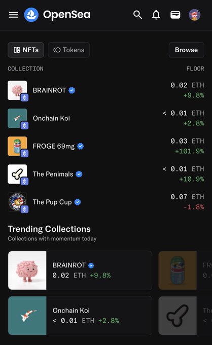 Screenshot of the OpenSea NFT marketplace app showing trending collections including BRAINROT (0.02 ETH, +9.8%), Onchain Koi, FROGE 69mg, The Penimals, and The Pup Cup (0.07 ETH, -1.8%).