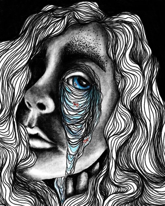 A stylized black and white line drawing of a woman's face in profile with flowing wavy hair, featuring a single striking blue eye shedding a tear with red details.