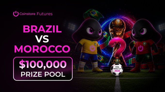 The image shows a game of soccer with Brazil and Morocco playing against each other, accompanied by a pink text box that announces an upcoming World Cup Prediction event where participants can win up to 100,000 US dollars if they predict the winner correctly. The image also features two small soccer figures representing the two teams.