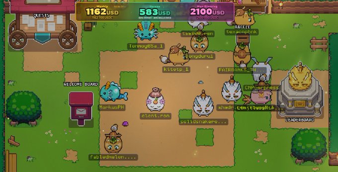 A pixel-art style virtual world/game showing various player characters with usernames like "TorreyBG...1", "ponguru4", and "sollosmake..." gathered in a courtyard area with quests and leaderboard features visible.