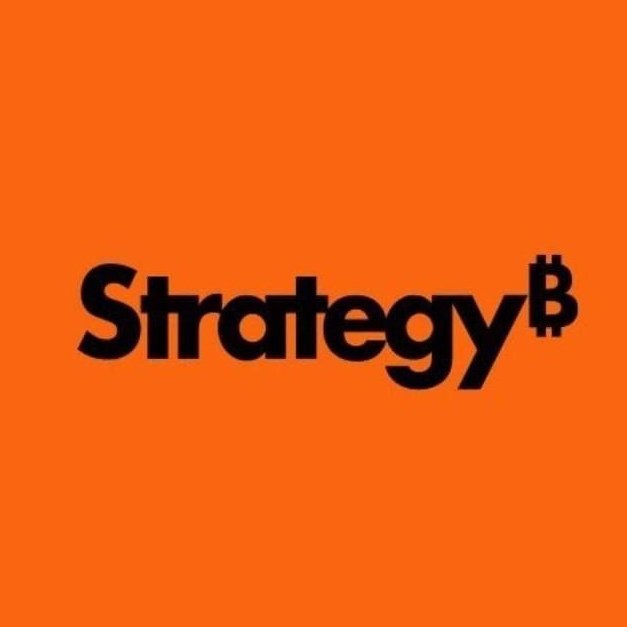 An orange square logo featuring the word 'Strategy' in black lowercase text with a Bitcoin 'B' symbol replacing the dot/period.