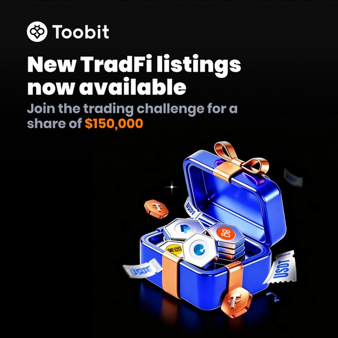 A promotional graphic for Toobit cryptocurrency exchange advertising new TradFi listings with a $150,000 trading challenge, featuring a blue gift box containing USDT, Bitcoin, and other crypto coins.