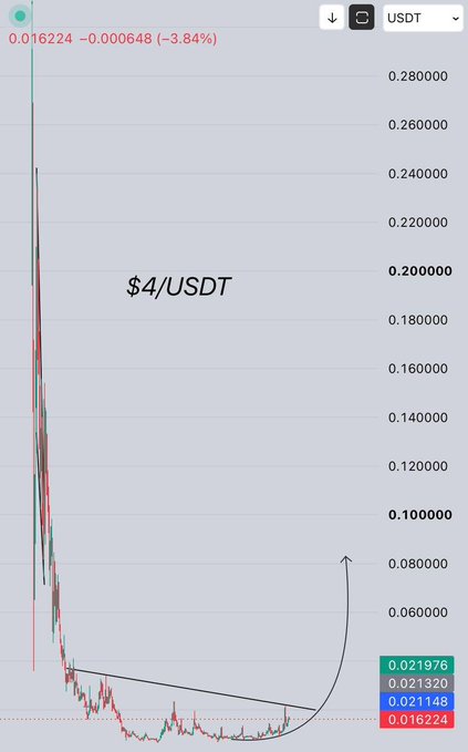 A candlestick chart shows $4/USDT (Four Coin) trading at 0.016224 USDT, down 3.84%, with price action illustrating a dramatic decline from highs near 0.28 down to current lows around 0.02 before showing a slight rebound curve. The chart supports the post's speculative call that "$4" could be the next Binance chain runner, with visible annotations highlighting the parabolic recovery potential.
