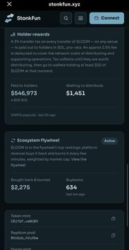 StonkFun.xyz interface showing Holder rewards (paid to holders: $646,975) and Ecosystem Flywheel features with 2,275 bought and burned tokens, 634 buybacks, and a token mint contract address.