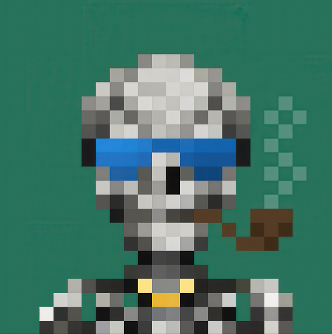 Pixel art illustration of a skeleton character wearing blue sunglasses, smoking a brown pipe with green smoke, set against a green background.